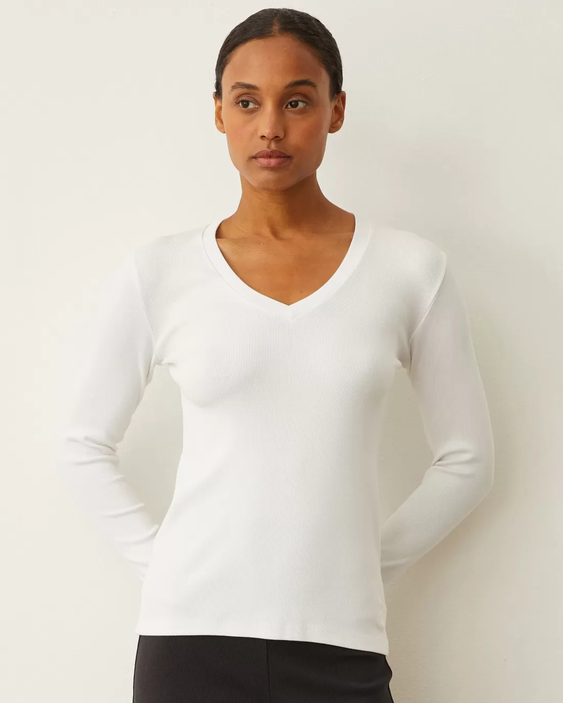 MONROW Long Sleeve*Supimaluxe Rib Long Sleeve V Neck WHITE