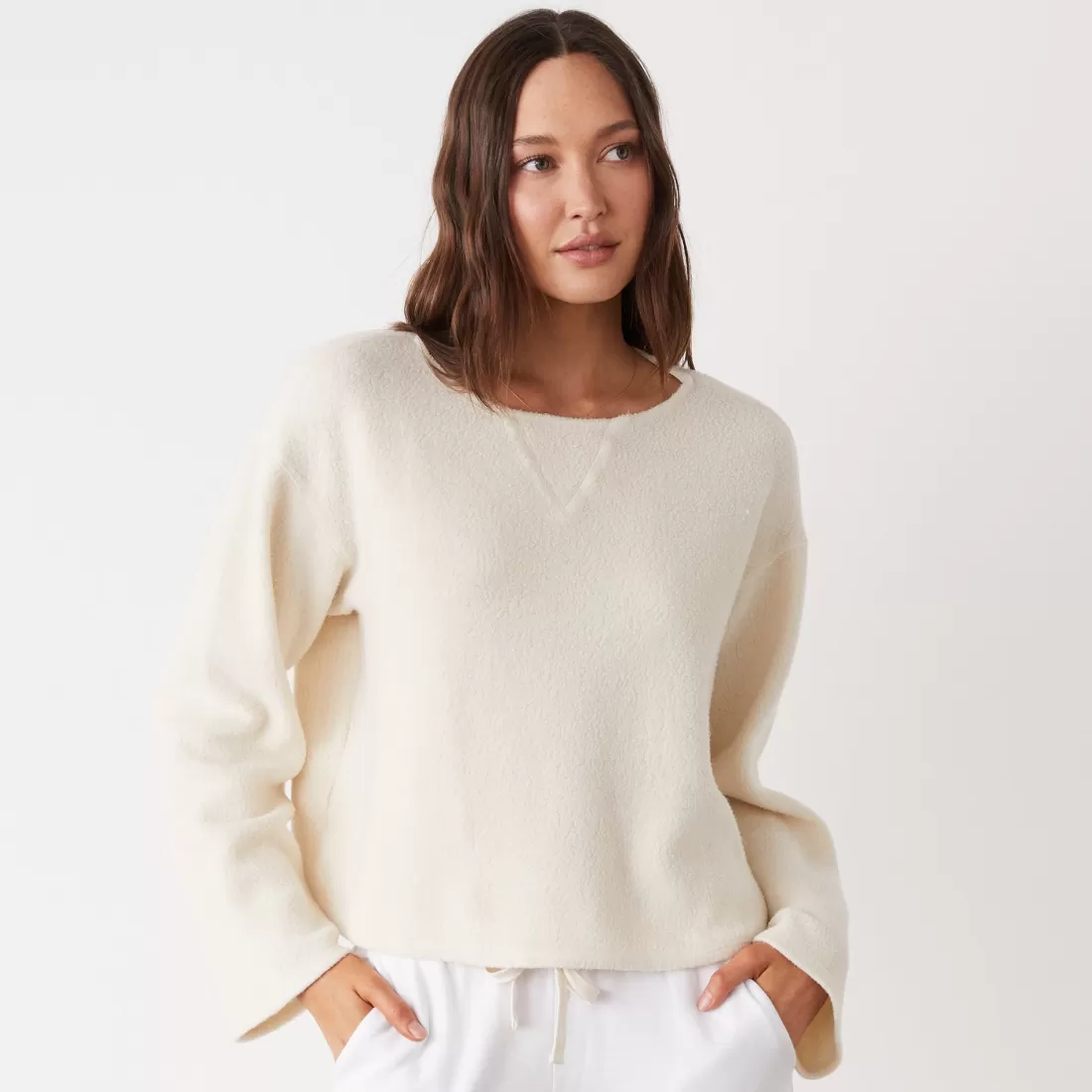 MONROW Sweatshirts*Teddy Fleece Boat Neck Sweatshirt OFFWHITE
