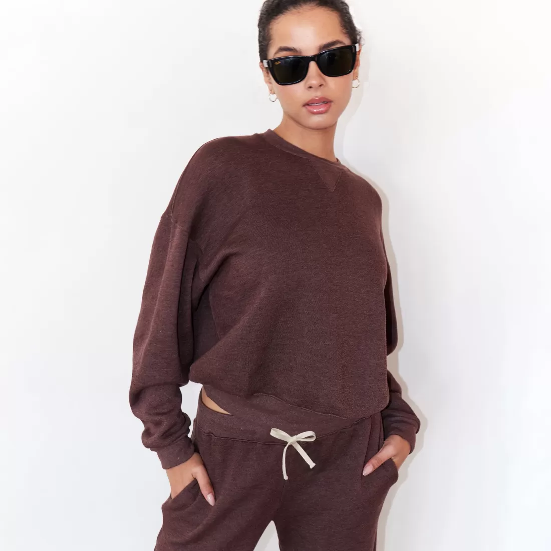 MONROW Sweatshirts*Teddy Fleece Crew Neck Sweatshirt DARKOAK