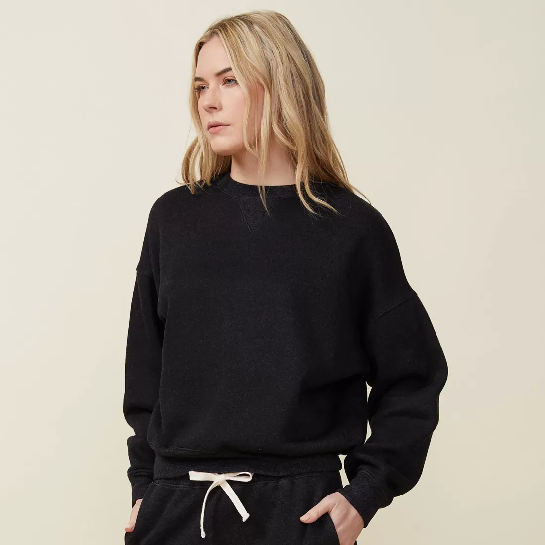 MONROW Sweatshirts*Teddy Fleece Crew Neck Sweatshirt BLACK