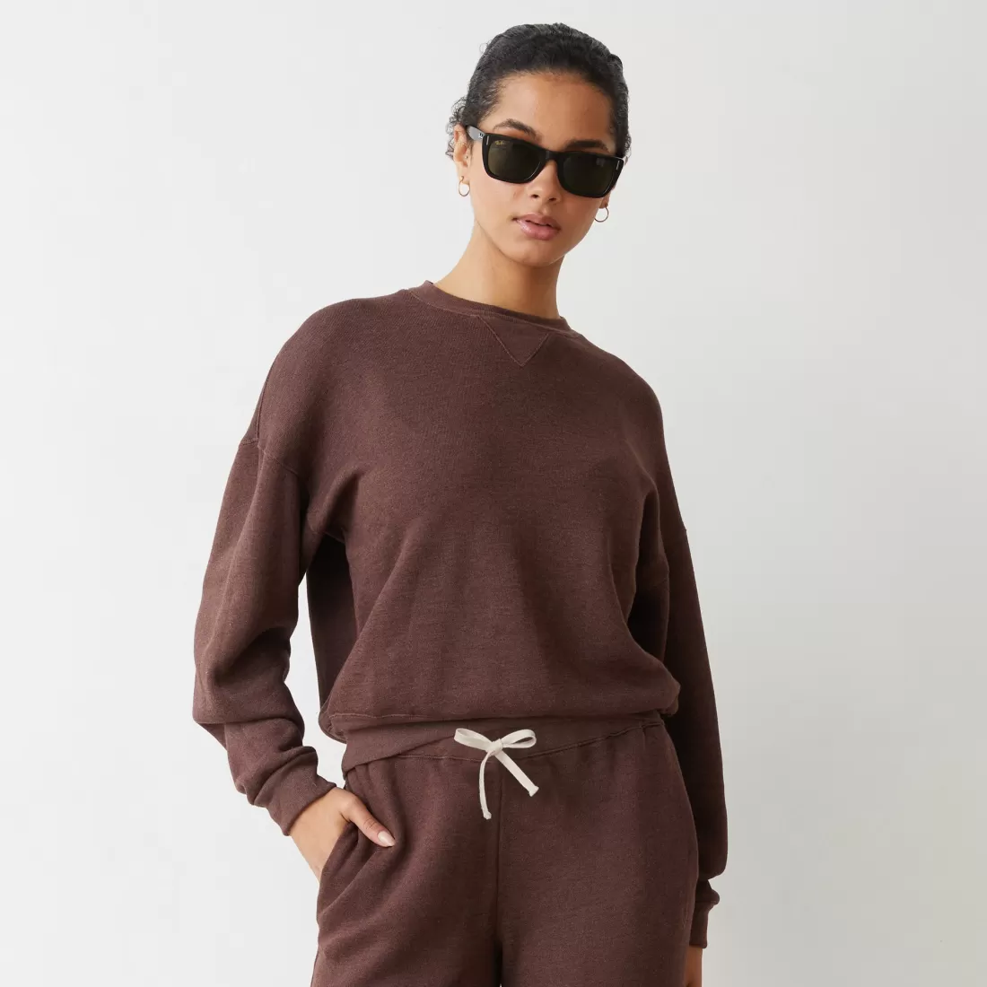 MONROW Sweatshirts*Teddy Fleece Crew Neck Sweatshirt DARKOAK