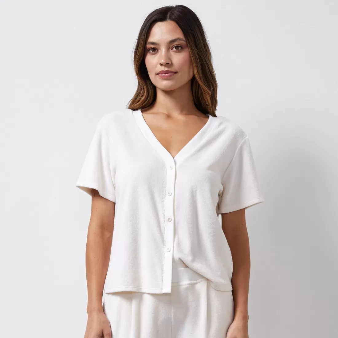 MONROW Terry*Terry Cloth Button Down Top PEARL