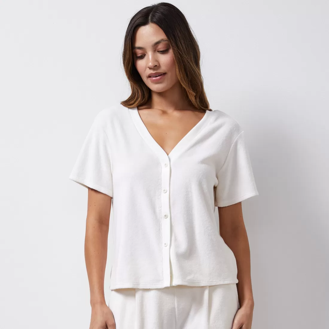 MONROW Terry*Terry Cloth Button Down Top PEARL