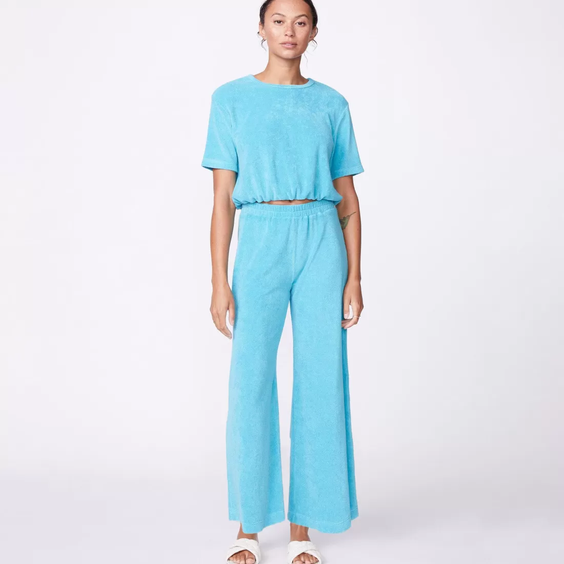 MONROW Terry*Terry Cloth High Waisted Flare Sweat SKY