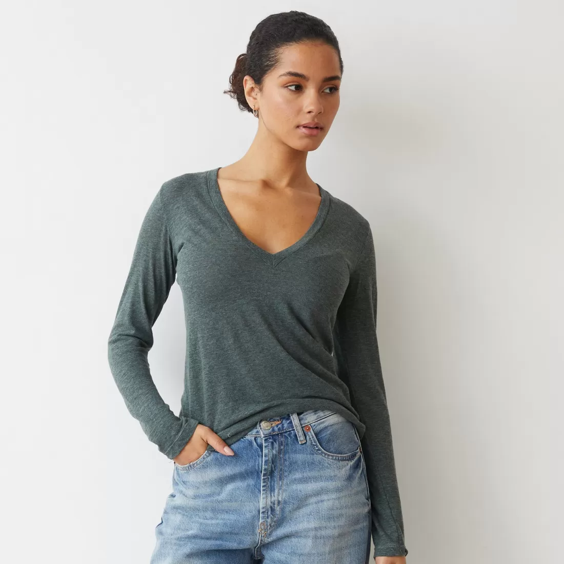 MONROW Long Sleeve*Textured Tri Blend Long Sleeve V CACTUS