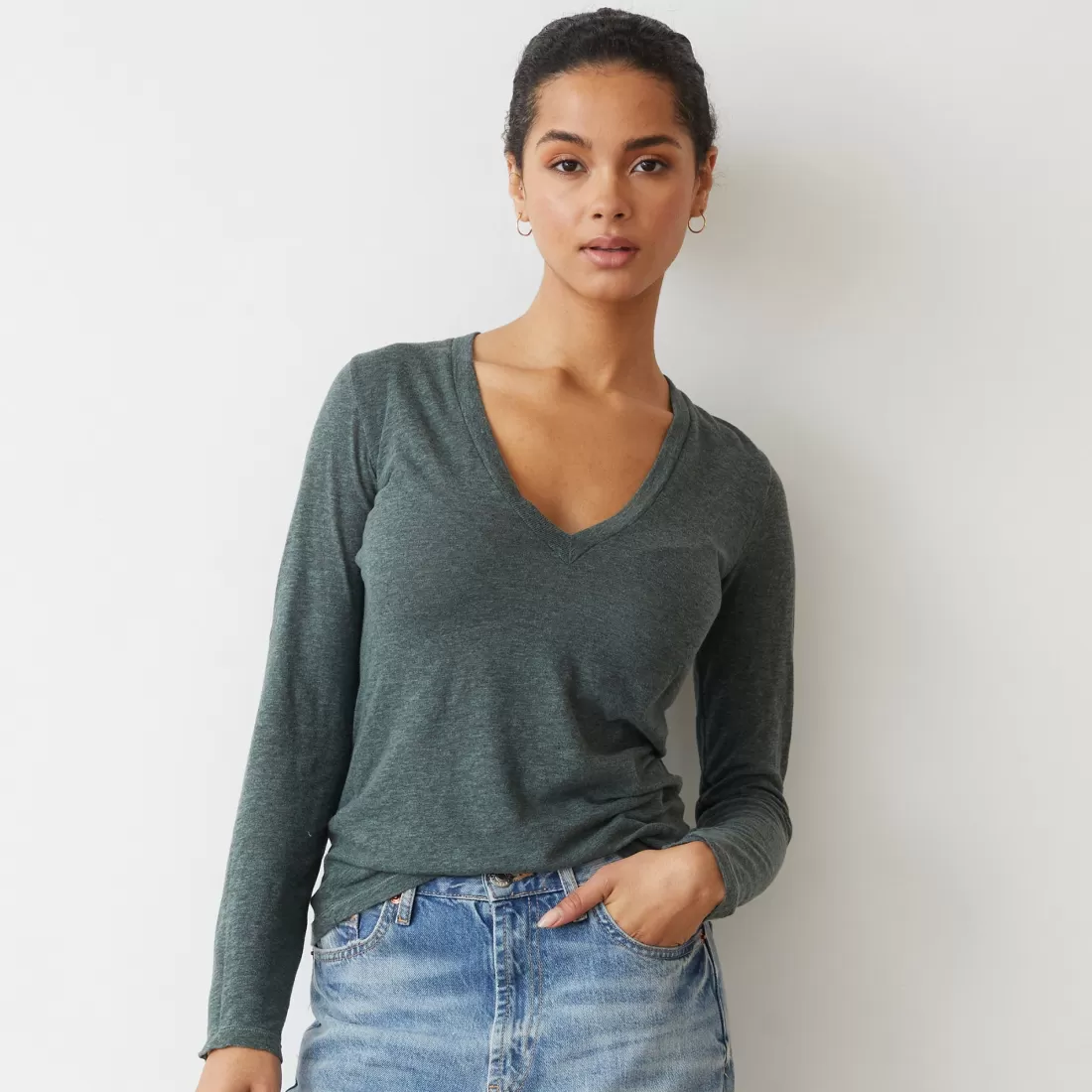 MONROW Long Sleeve*Textured Tri Blend Long Sleeve V CACTUS