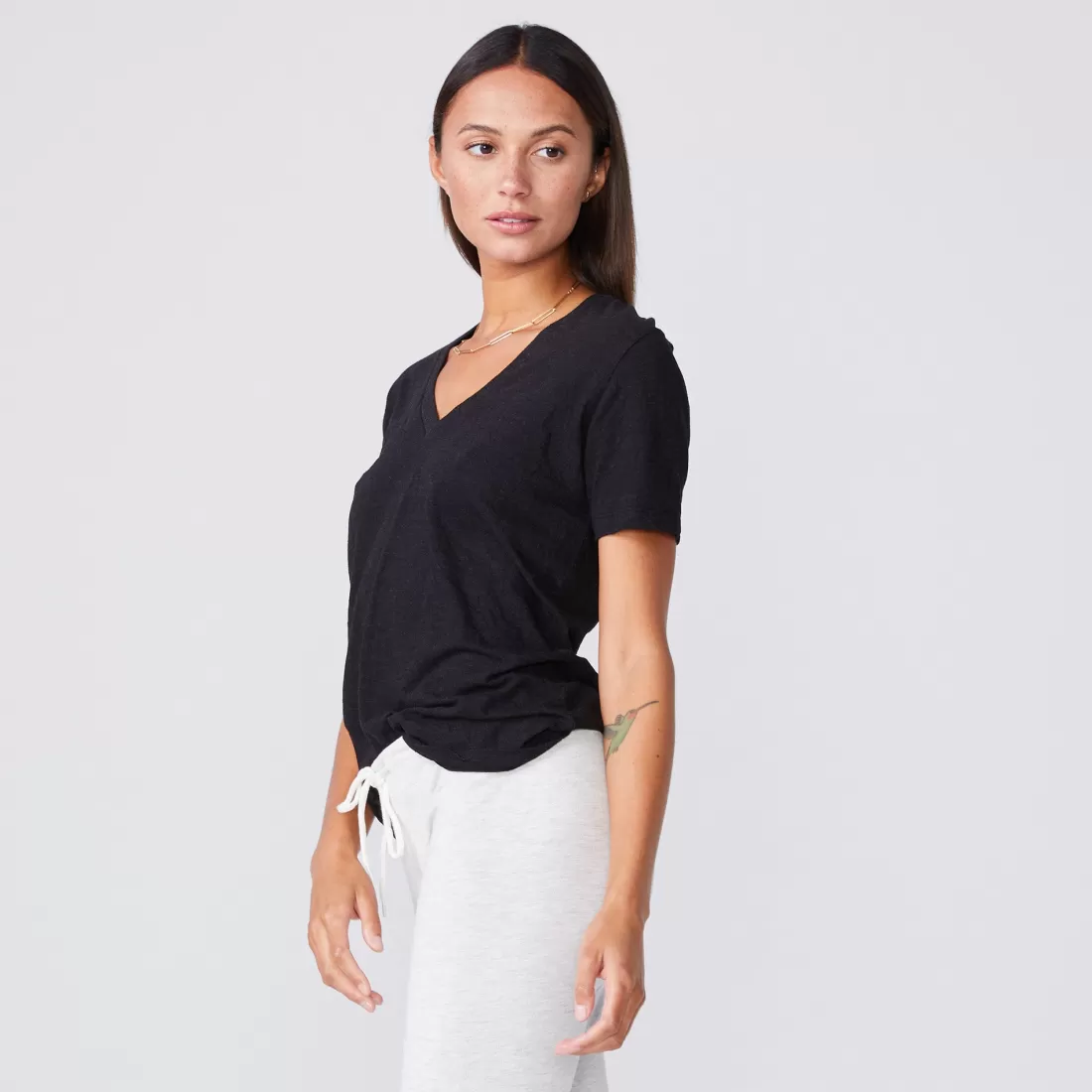 MONROW Tees*Textured Tri Blend Relaxed V Neck Tee - Color BLACK