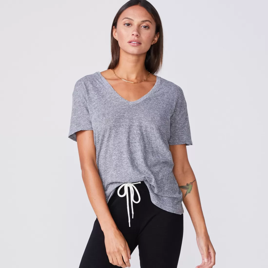 MONROW Tees*Textured Tri Blend Relaxed V Neck Tee - GRANITE