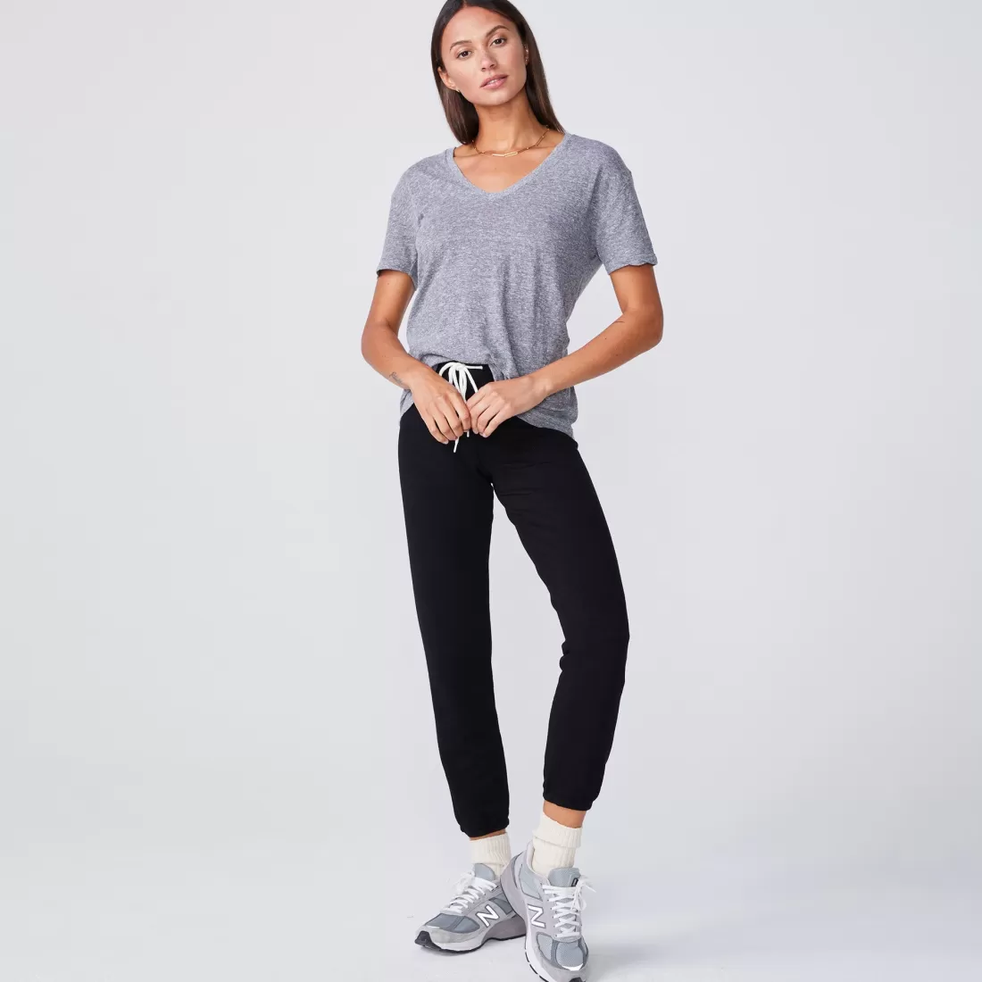 MONROW Tees*Textured Tri Blend Relaxed V Neck Tee - GRANITE