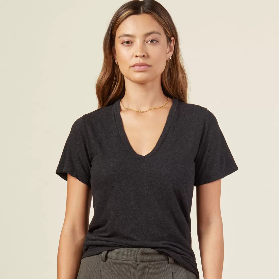 MONROW Tees*Texured Tri Blended Fitted V Neck Tee - BLACK