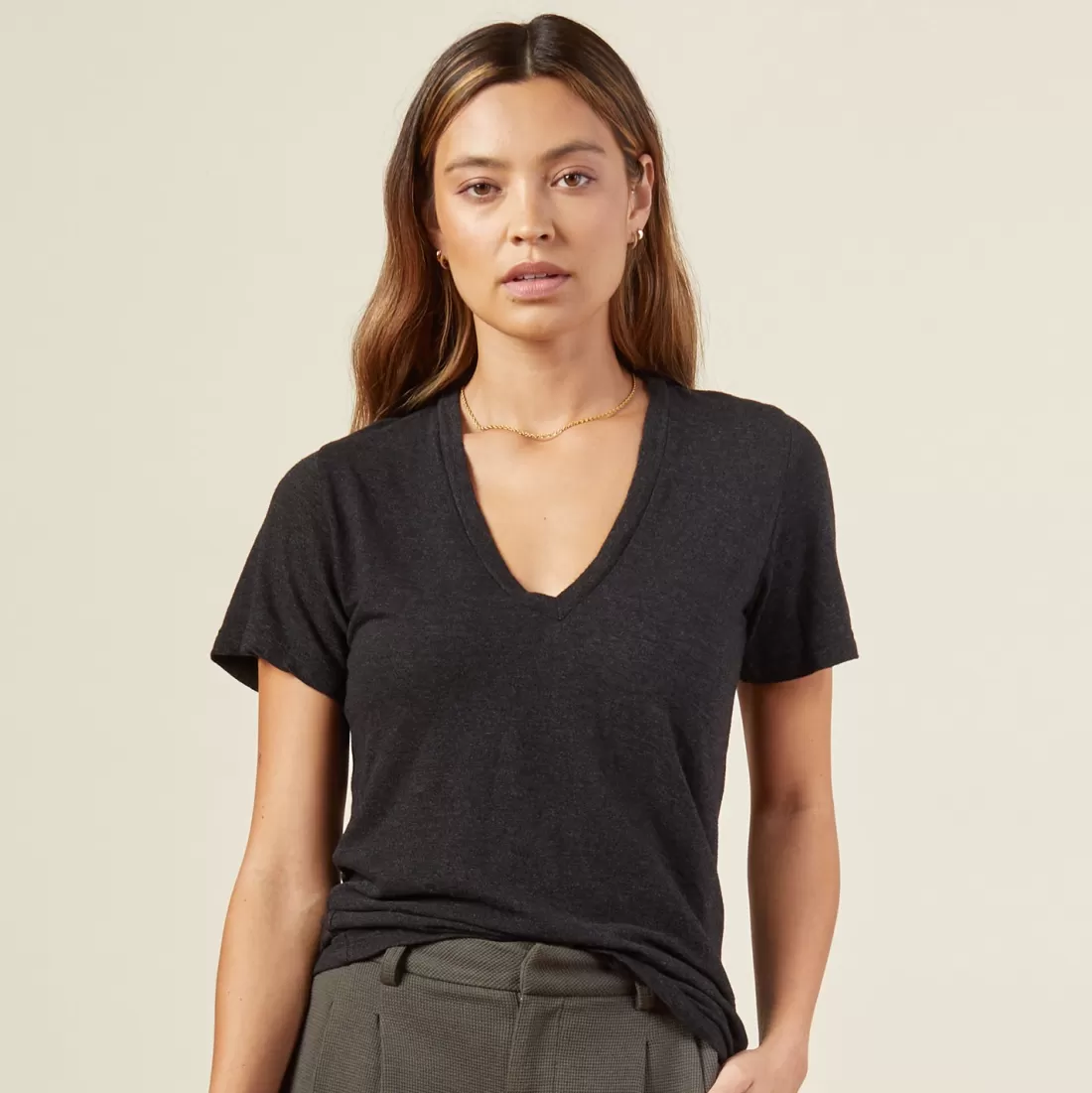 MONROW Tees*Texured Tri Blended Fitted V Neck Tee - BLACK