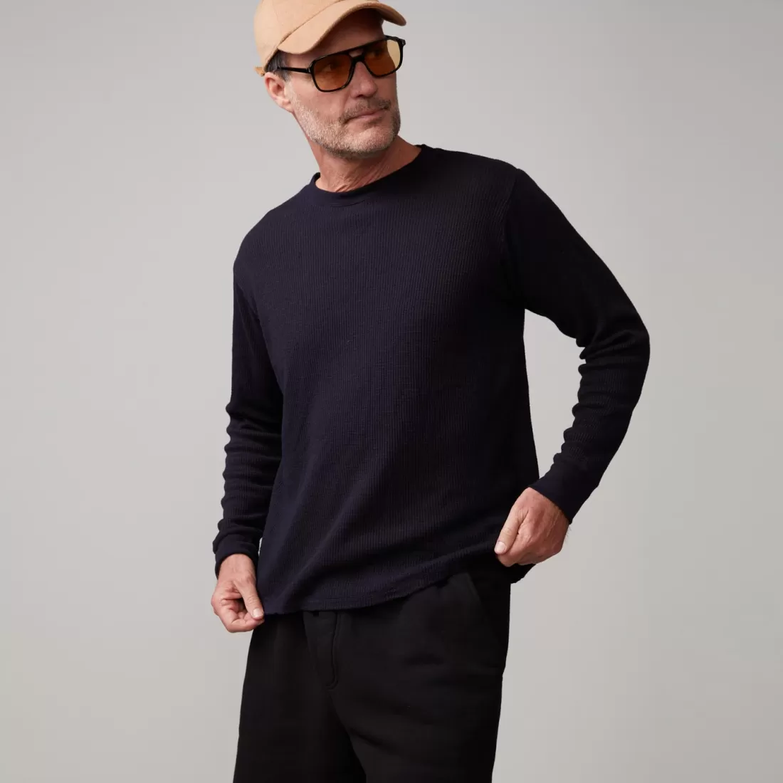 MONROW Men's Tops*Thermal Long Sleeve Crew BLACK