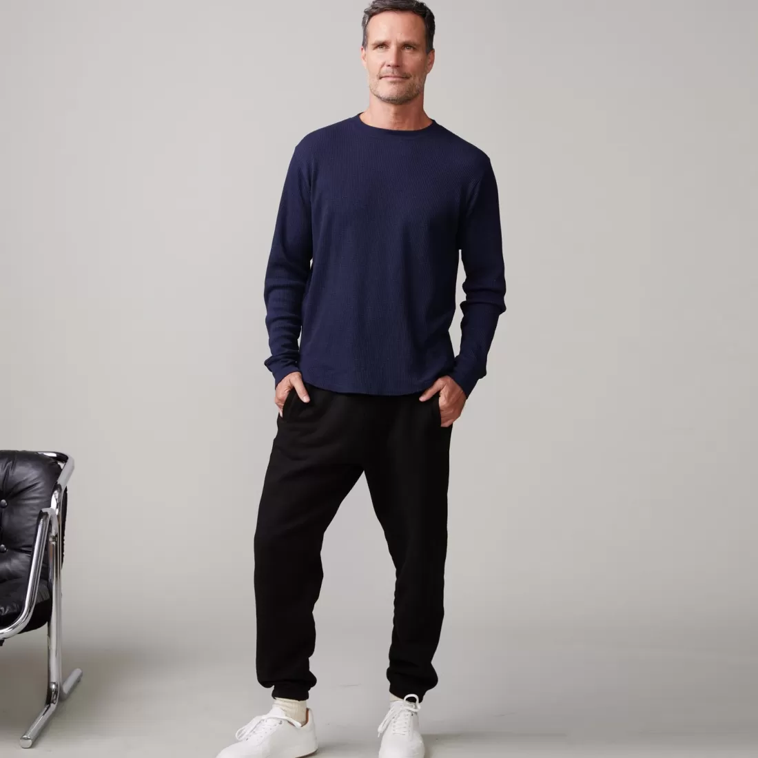 MONROW Men's Tops*Thermal Long Sleeve Crew INDIGO