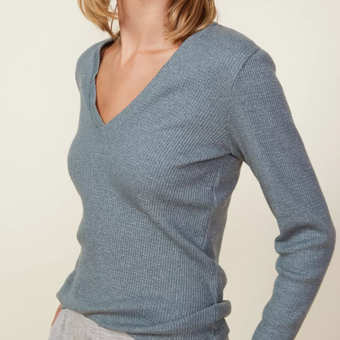 MONROW Long Sleeve*Thermal Long Sleeve V Neck GREENGREY