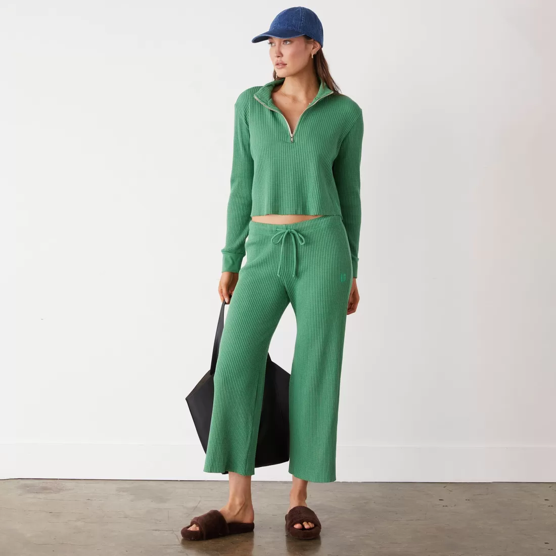 MONROW Sweatshirts*Waffle Half Zip Sweatshirt GREENAPPLE
