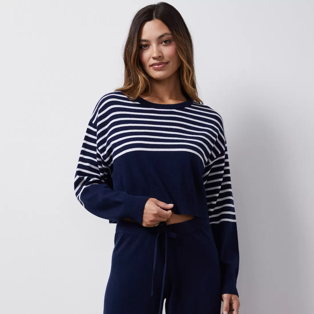 MONROW Long Sleeve*Wool Cashmere Stripe Crew Neck Sweater NAVY/IVORY