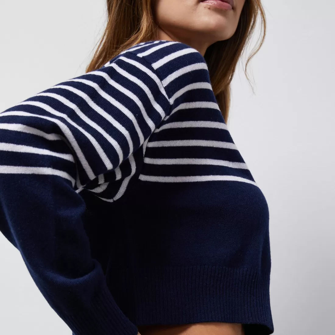 MONROW Long Sleeve*Wool Cashmere Stripe Crew Neck Sweater NAVY/IVORY